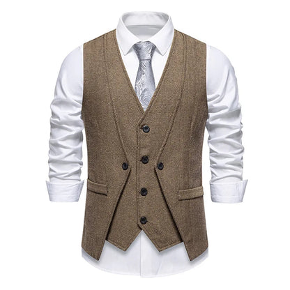 Men's Triple-Breasted Herringbone Tweed Vest – Retro Fake Two-Piece Waistcoat for Weddings & Smart-Casual Occasions