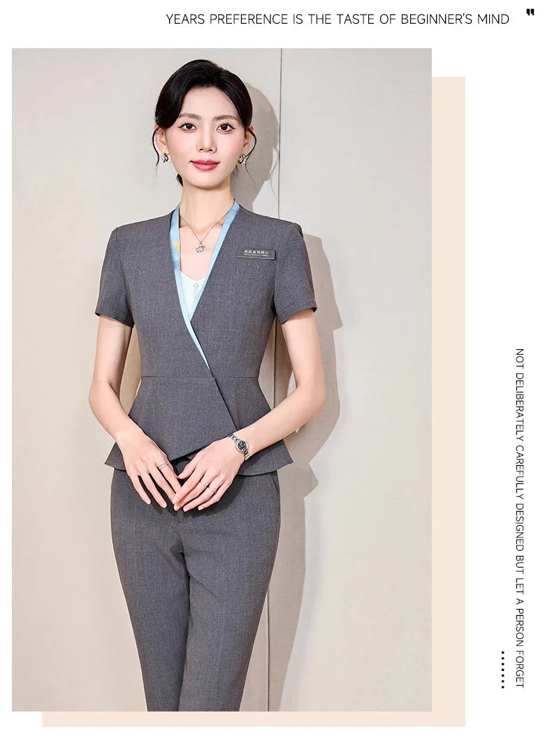 Fashionable professional women's clothing, high-quality short-sleeved suit jacket + pants set, slim and comfortable