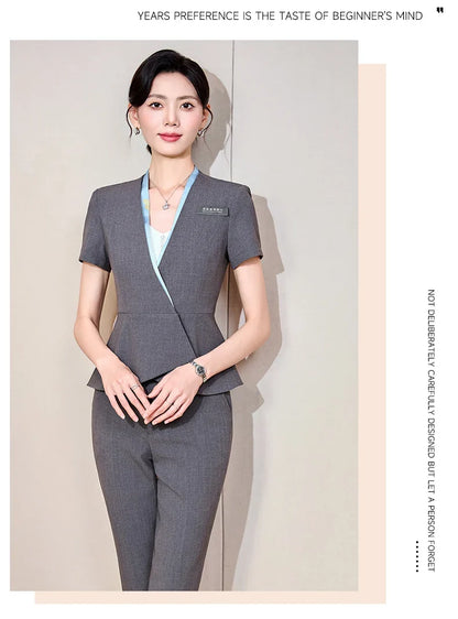 Fashionable professional women's clothing, high-quality short-sleeved suit jacket + pants set, slim and comfortable