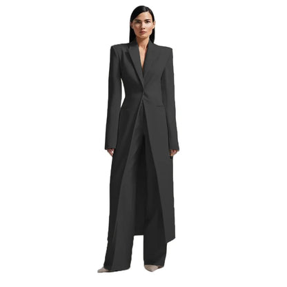 Bright Red Women Long Split Blazer Two Piece Suit Peak Shoulder Lapel Slim Waist Wide Leg Pants Wedding Gala Evening Customized