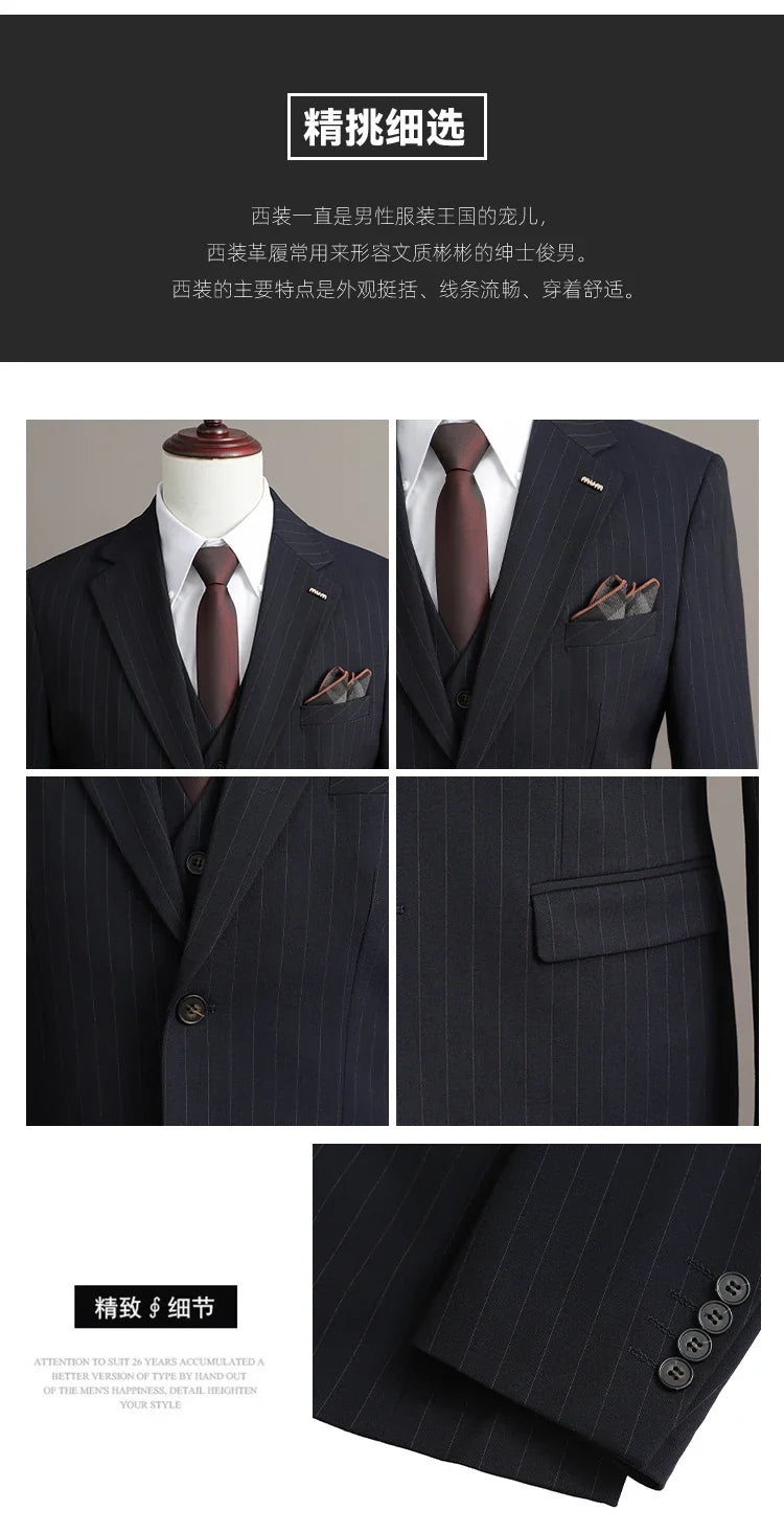 A Stylish and Cool Striped Casual Business Three-Piece Suit Set for the Autumn of 2025, a High-Quality Wedding Suit