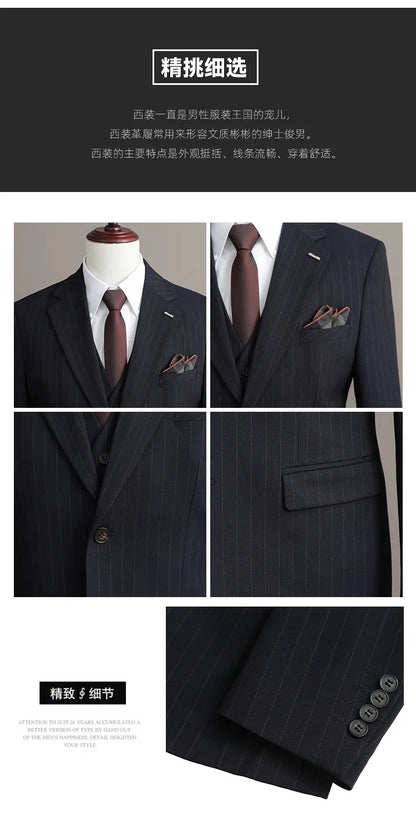 A Stylish and Cool Striped Casual Business Three-Piece Suit Set for the Autumn of 2025, a High-Quality Wedding Suit