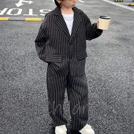 Black Striped Suit For Boy Children's Clothing Classic Single Breasted Loose Fit 2 Pieces Jacket Pants Daily Casual Kids Set