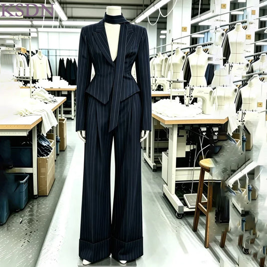 Stylish Stripe Women's Suits Fashion One-Button Peak Lapel Slim Fit Business Female Clothig Elegant Padded Shoulder Blazer