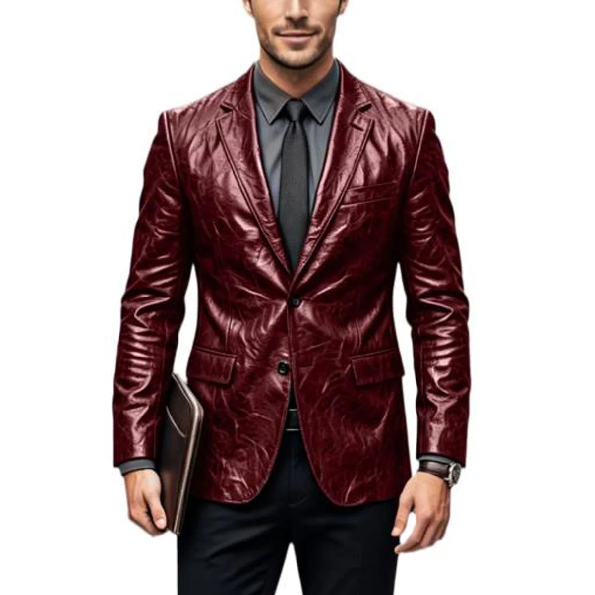 Vintage Wrinkled Men's PU Leather Blazer Slim Fit Notched Lapel Business Suit Jacket Two Button Casual Sport Coats for Office