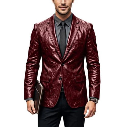 Vintage Wrinkled Men's PU Leather Blazer Slim Fit Notched Lapel Business Suit Jacket Two Button Casual Sport Coats for Office