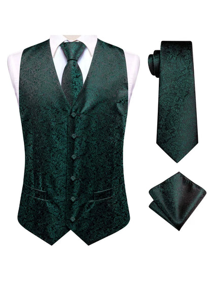 Men's Satin Jacquard Vest 3-Piece Set for Wedding & Banquet – Green