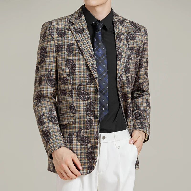 Autumn Winter Cashew Plaid Suit Jacket Men Fashion Casual Embroidered Jacquard Suit Jackets Business Social Party Men Blazers