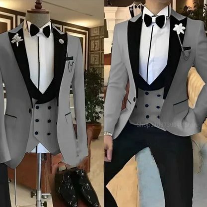 Latest Solid Formal Men's Wedding Suit Slim Fit Elegant Groom Tuxedos Business Party Suits 3 Pieces Sets (Jacket+Vest+Pants)