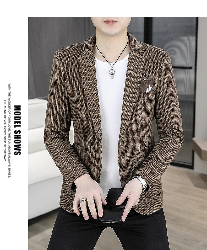 2025 Autumn Men's Casual Suit Jacket Fashion Slim Fit Striped Blazers Streetwear Social Business Versatile Formal Dress Coats