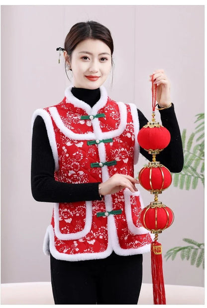 Middle-aged Mother Add Velvet Warm Vest Coat Autumn Winter New Printed Fleece Sleeveless Jacket Grandma Thicken Warm Waistcoat