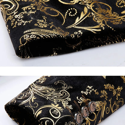 Men's Suit Jacket Black Gold Floral Applique Single Button for Wedding Party Performance