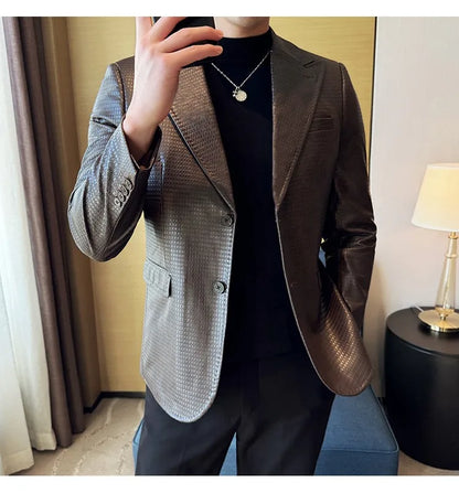 Korean Waffle Leather Suit Jacket Men's Business Casual PU Leather Blazer Slim Fit Wedding Groom Office Social Formal Coats 2026
