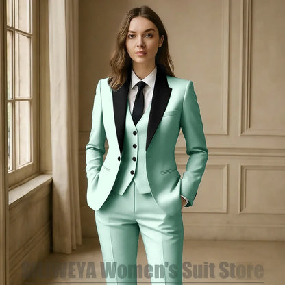 Women Royal Blue 3 Piece Tuxedo Suit Blazer Vest Pants with Black Lapel Slim Fit Formal Party Business Office Outfit