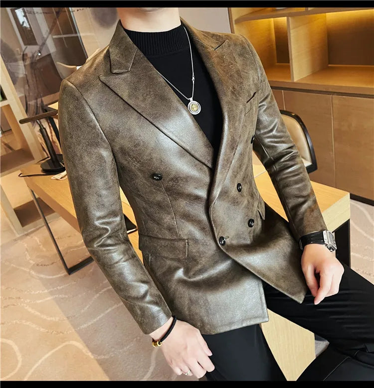 Brand Retro Leather Suit Jacket Men British Style Double Breasted Casual Business Blazers Wedding Groom Party Banquet Jackets