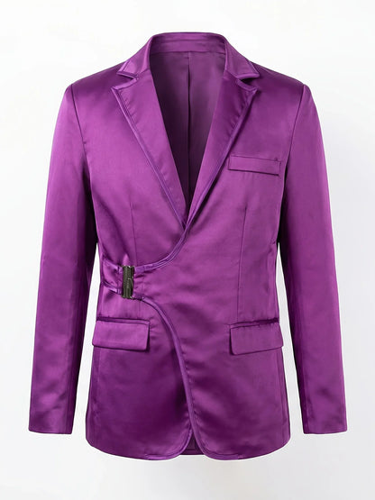 Mens Luxury Solid Blazer Jacket Slim Fit Casual Metal Buckle Belted Suit Coat Stylish Purple Satin One Button Sport Coat Tuxedo