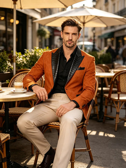 Men's Suede Slim Fit Blazer Jacket Crocodile Pattern Lapel Design Suit Coat Formal Business Prom Wedding Party Tuxedo Outerwear