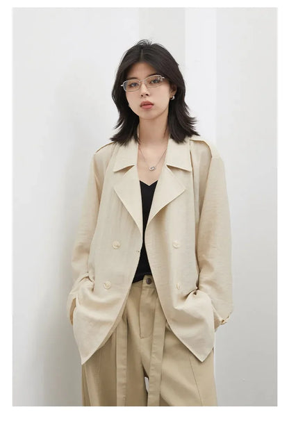 New Women Mid-length Trench Coats Loose Casual Oversized Double Breasted Office Ladies Blazer Jacket Spring Autumn