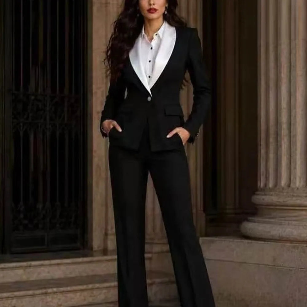 White Collar Black Formal Business Women Suit Wedding Party Prom Ladies Mother Girl Tuxedos Costume 2 Piece Set Jacket Pants