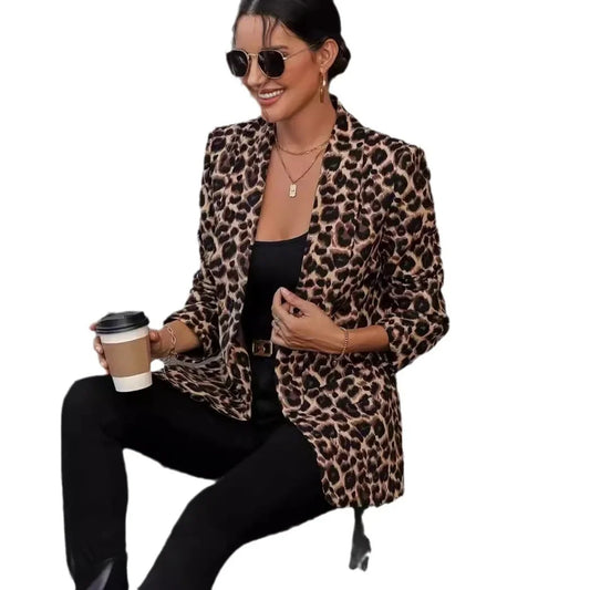 2024 New Style Leopard Print Suit Jacket Top Polyester Material Slim Fit Long Sleeve mid Length Coat for Women Fashionable