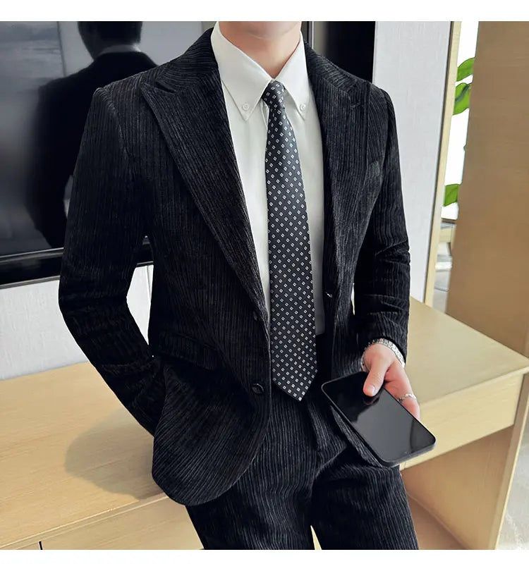 ( Jacket+Pants) Men Corduroy Suit Two-Piece Set High Quality Italian Style Business Suit Luxury Men Formal Wedding Groom Tuxedos