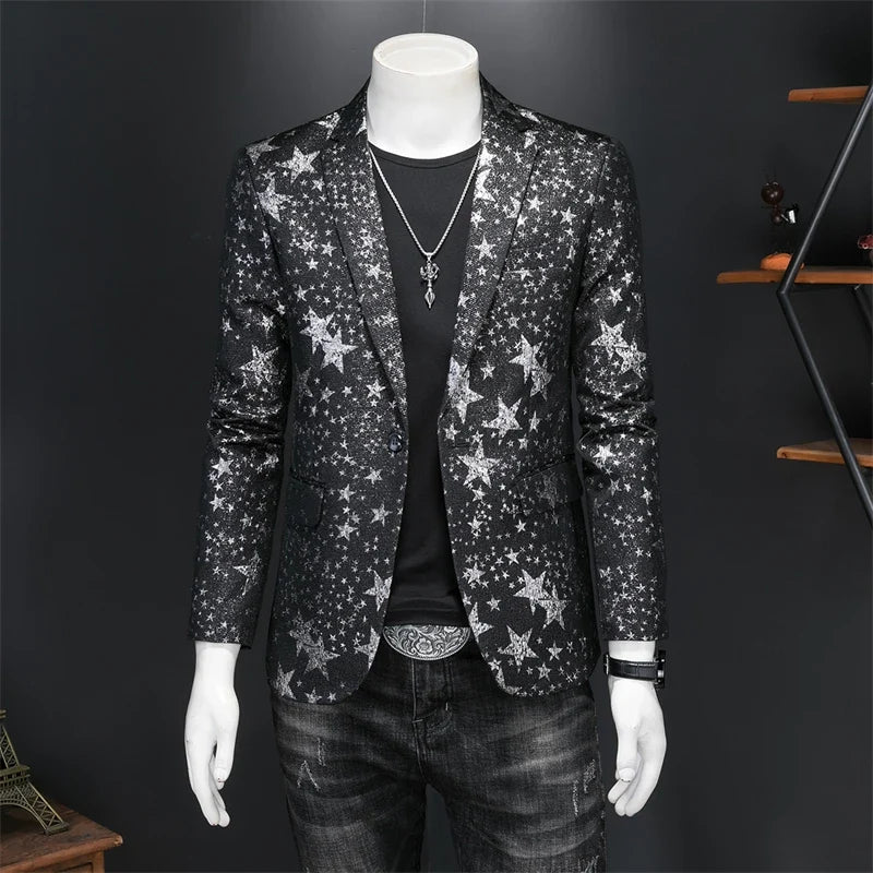 Men's Jacquard Blazer Star Print Slim Fit Tuxedo for Stage and Party