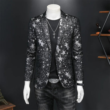 Men's Jacquard Blazer Star Print Slim Fit Tuxedo for Stage and Party