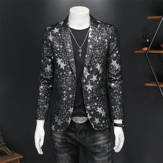 Men's Jacquard Blazer Star Print Slim Fit Tuxedo for Stage and Party