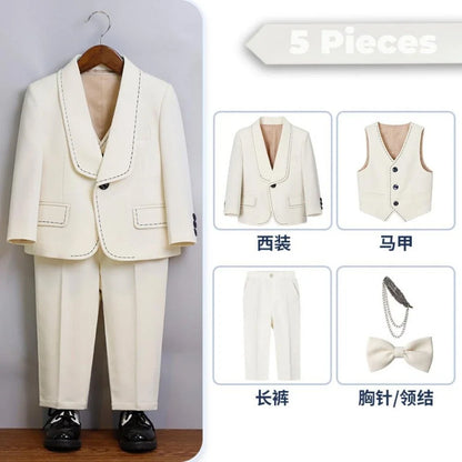 New Arrival Boys Slim Fit Suits 5 Pieces Jacket Vest Pant Bow-tie Brooch Party Wear,Smart Handsome Shawl Lapel Suit Set On Sale