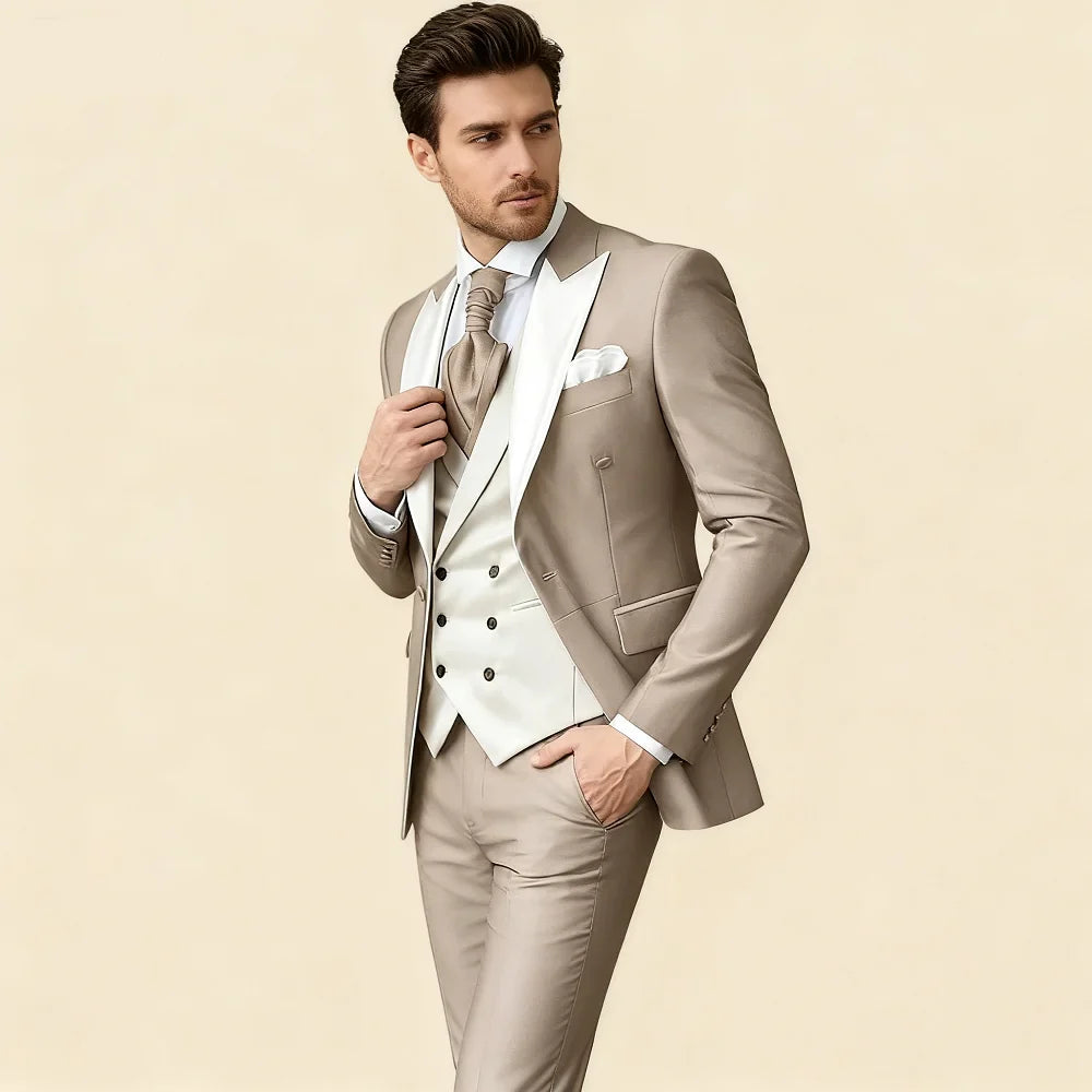 Costumes roses pour hommes Élégant smoking de marié à revers pointu Veste 3 pièces Gilet et pantalon Ensemble de costume formel pour hommes pour affaires et bal de promo