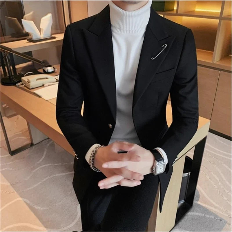 Autumn Pin Decoration Men Blazers Casual Suit Jacket Single Breasted Streetwear Social Business Dress Coat Wedding Groom Jacket