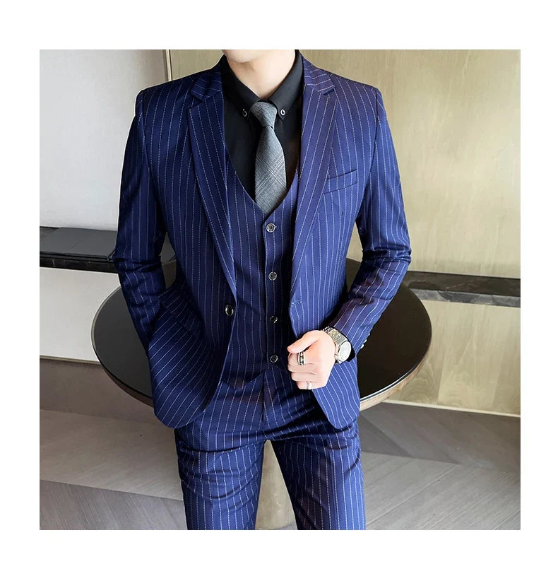 2024 Slim Fit Striped Three-Piece Business Suit Vest Trousers Set Korean Fashion Trend Handsome Wedding Outfit