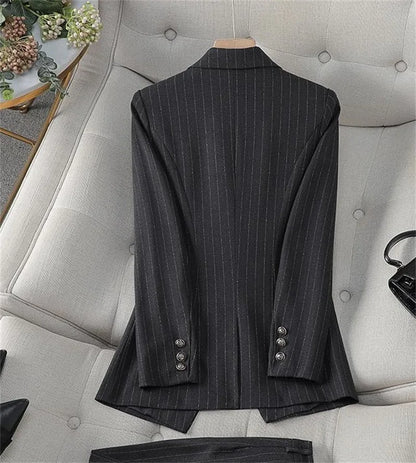 Fashion Autumn Winter Ladies Pant Suit Women Blue Striped Female Business Work Wear Jacket Blazer and Trouser Formal 2 Piece Set