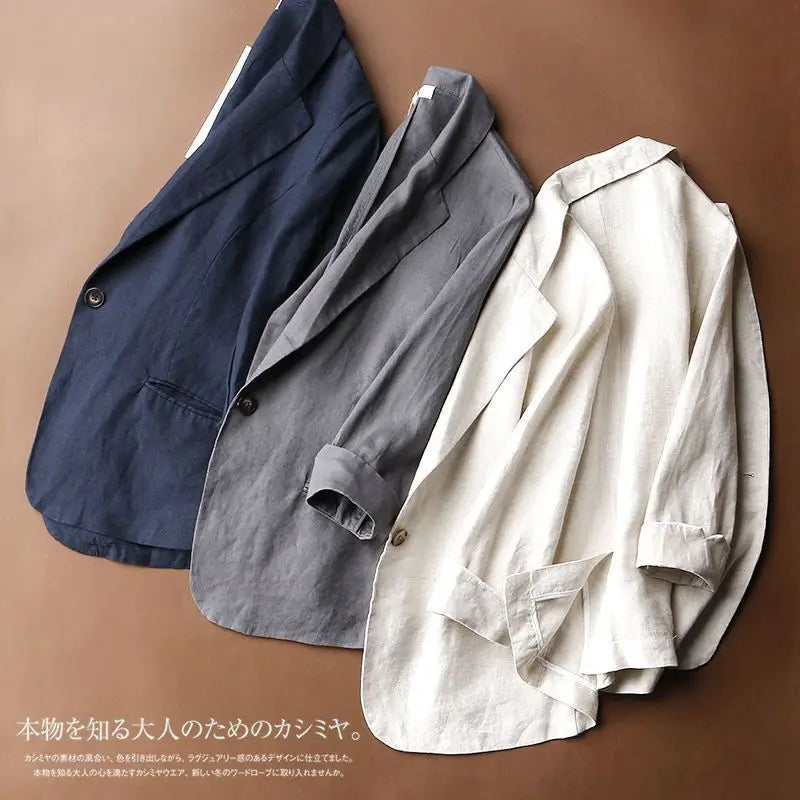Women's Linen Blazer Loose Fit Single Button 3/4 Sleeve Lightweight Casual Suit Jacket