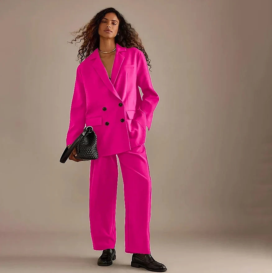 Leisure Brown Double Breasted Women Pants Set High-end Female Two Pieces(Jacket+Trousers)أطقم بناطيل