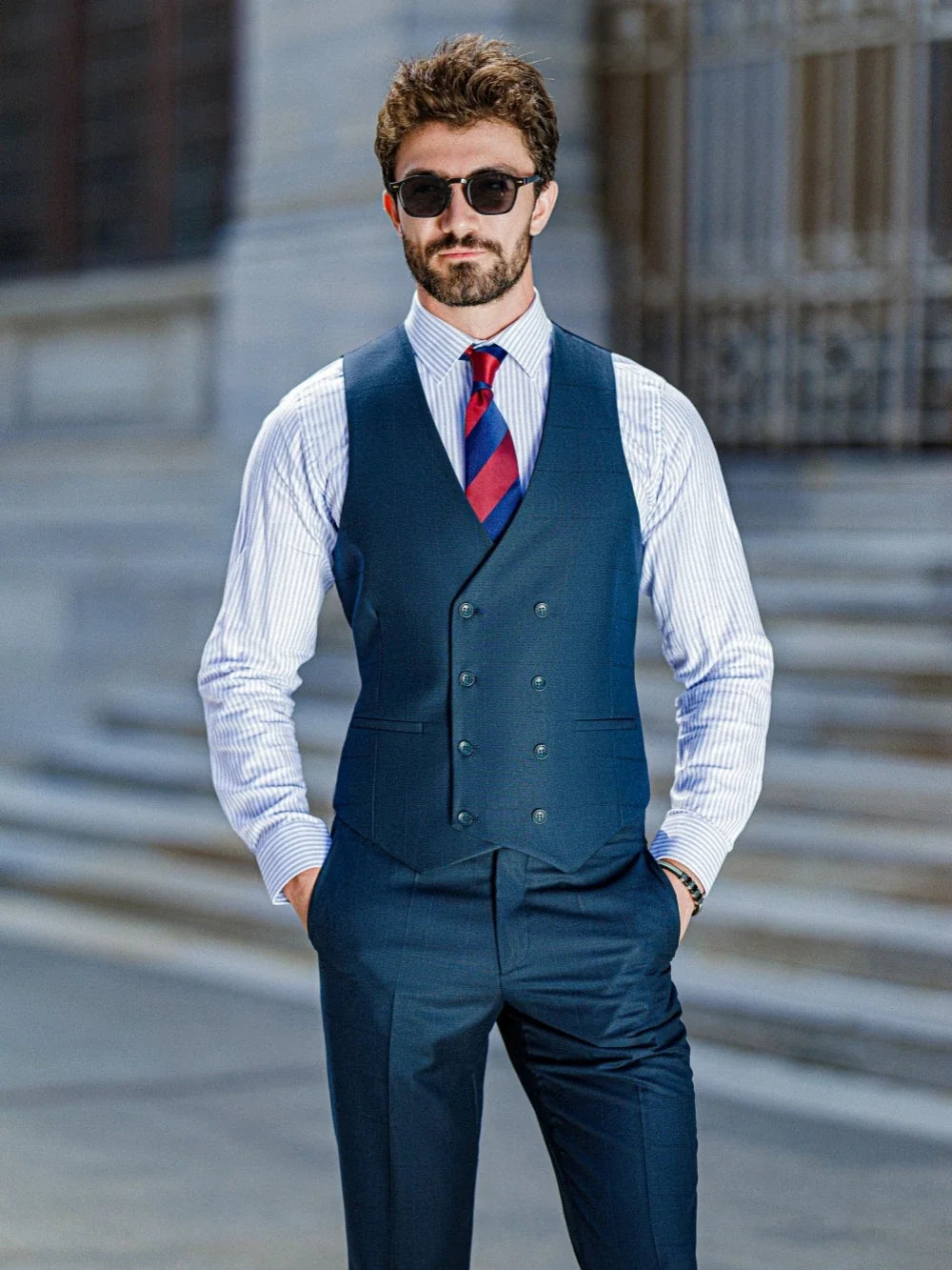 High Quality Navy Plaid Suit Set For Daily Office Customized Single Breasted 3 Pieces Blazer Vest Pants Wedding Party Guest