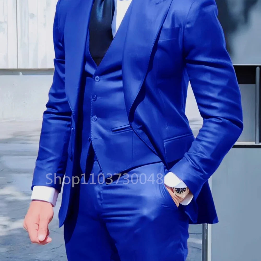 3PCS Men's Formal Tuxedo Set with Peaked Lapel Blazer Vest Pant Fashion Business Suits For Party Wedding Groom
