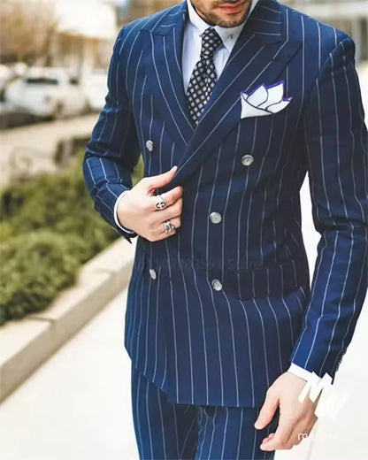 2 Pieces Stripe Fit Business Korean Edition Vertical Double Breasted Suit Men's Suit Homme Slim Wedding Banquet Set of