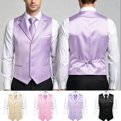 Men's Lapel Waistcoat with Necktie Pocket Square and Cufflinks – Formal Vest Set for Wedding and Business