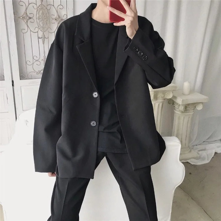 Men Spring Autumn Casual Blazer Set INS Korean Style Trendy Hong Kong Vibe Handsome Suit Jacket Outerwear