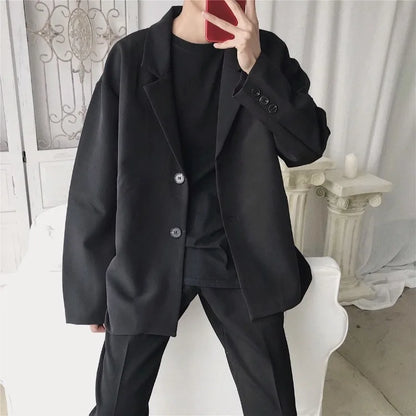 Men Spring Autumn Casual Blazer Set INS Korean Style Trendy Hong Kong Vibe Handsome Suit Jacket Outerwear