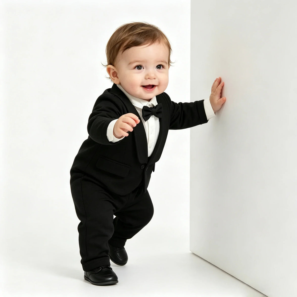 Toddler Baby Boy Black Tuxedo Romper Suit Fake Blazer Long Sleeve Jumpsuit With Bow Tie Wedding Baptism Gentleman Formal Outfit
