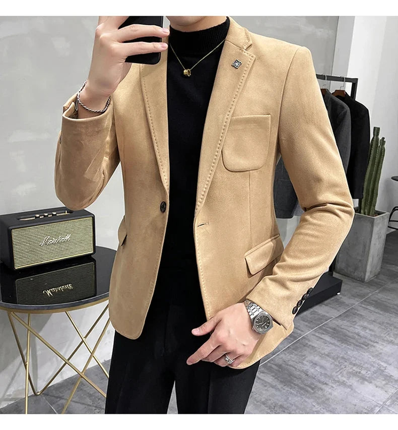 2023 Spring Suede Suit Jacket Men Casual Business Slim Fit Blazer Deerskin Leather Jacket Men Wedding Street Wear Social Coat
