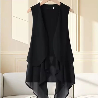 Korean Chiffon Mid-length Vest Women's Thin Coat 2026 New Summer Slim Sleeveless Suit Jacket Fashion Waistcoat Cardigan Tops