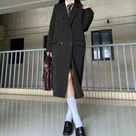Women's 2025 New Arrival Loose Fit Solid Pure Color Long Trench Blazer Coat Trendy Korean High End Versatile Casual Overcoat