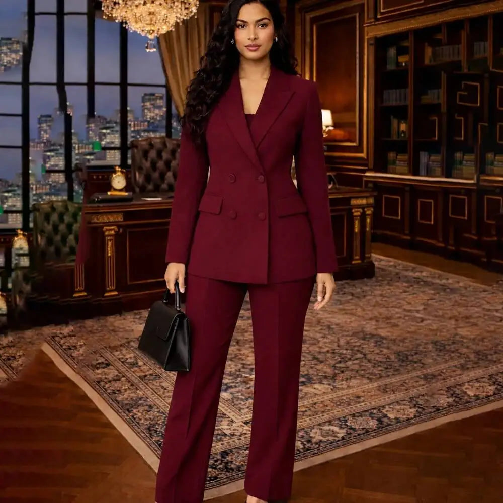 Burgundy 2 Piece Suits Fashion Women's Double Breasted Blazer High Quality Jacket Pants Outfits Customized Female Clothing Prom