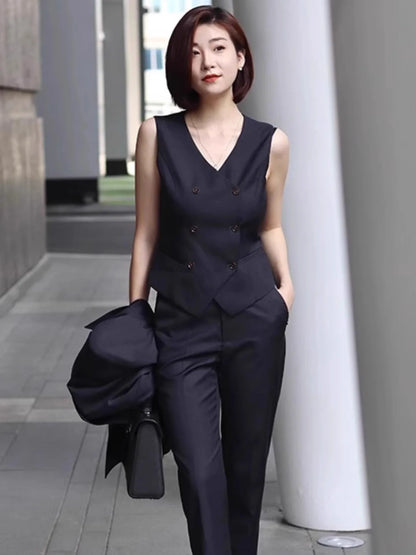 Formal Navy Blue Women 3 Piece Suit Single Breasted Peak Lapel Coat Vest Pants Custom Casual Party Prom Women Dress Pant Suits