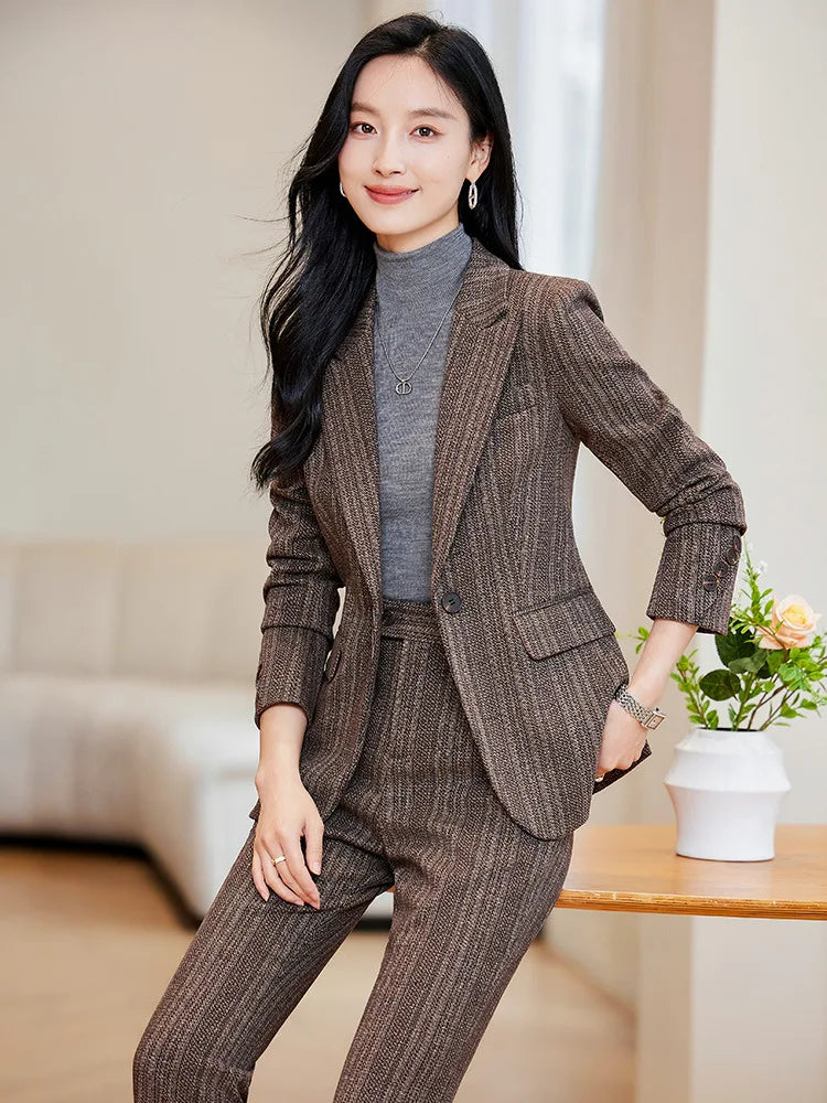 Gray Coffee Striped Ladies Formal Pant Suit Set Women Female Business Work Wear Long Sleeve 2 Piece Blazer Jacket And Trouser