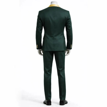 Men Suit Dark Green 3 Piece With Gold Lapel Single Button For Wedding Birthday Banquet Party Business Work Jacket Vest Pants