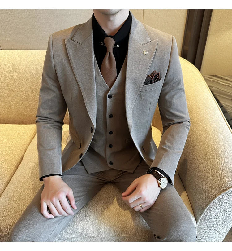 (Blazer + Vest + Trousers) 2024 New Men Formal Business Solid Suit 3 Pieces Set Italian Style Luxury Wedding Social Party Tuxedo